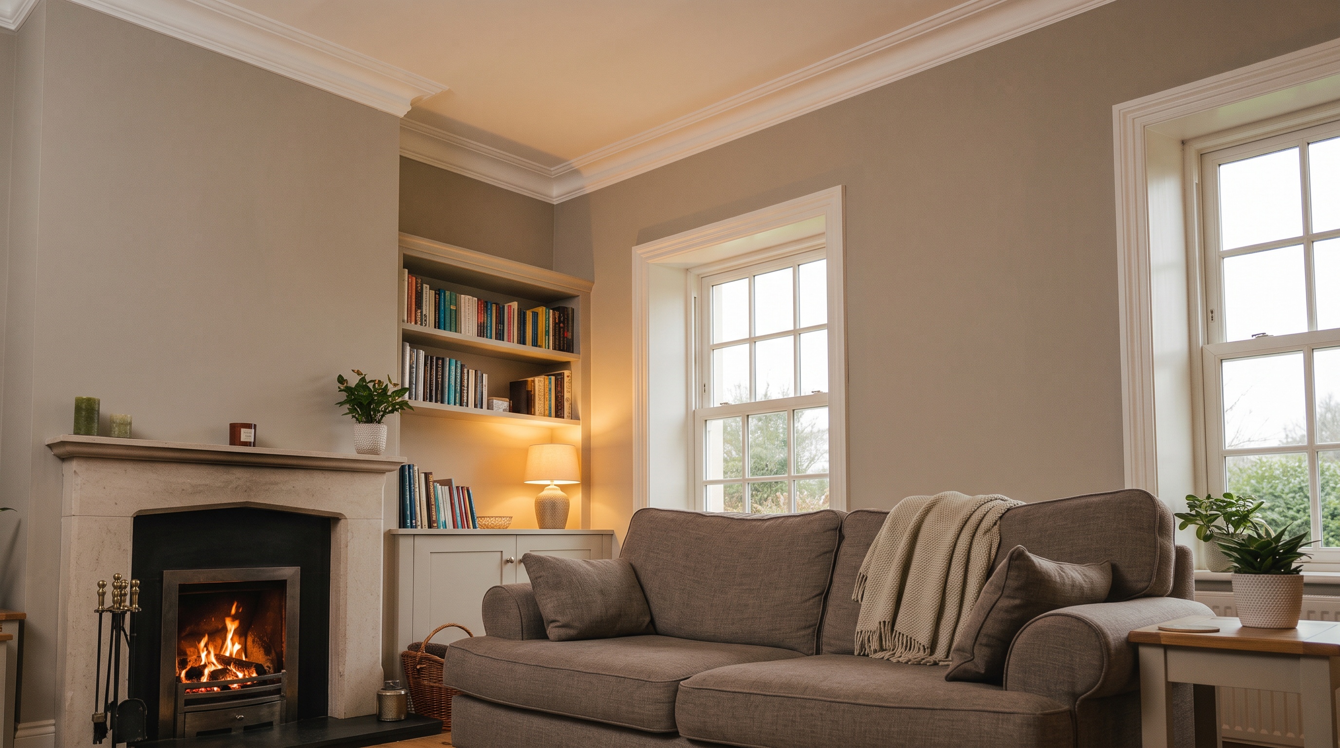 A living room with white plaster coving fitted along the ceiling line
